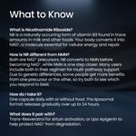 An informational graphic with the heading 'What to Know' on a dark blue background, containing white text explaining nicotinamide riboside, NMN vs NAD+ differences, dosage, and pairing options.