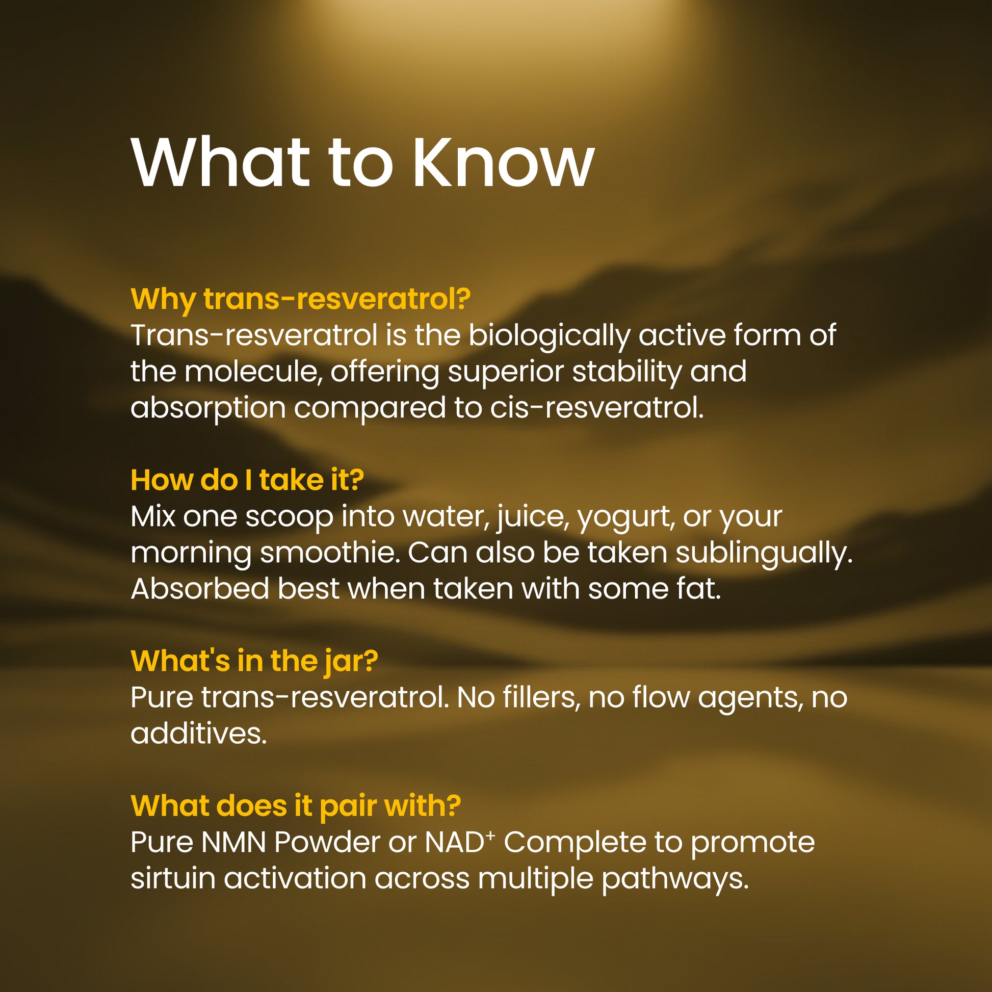 Text on a brown background explaining trans-resveratrol and its uses