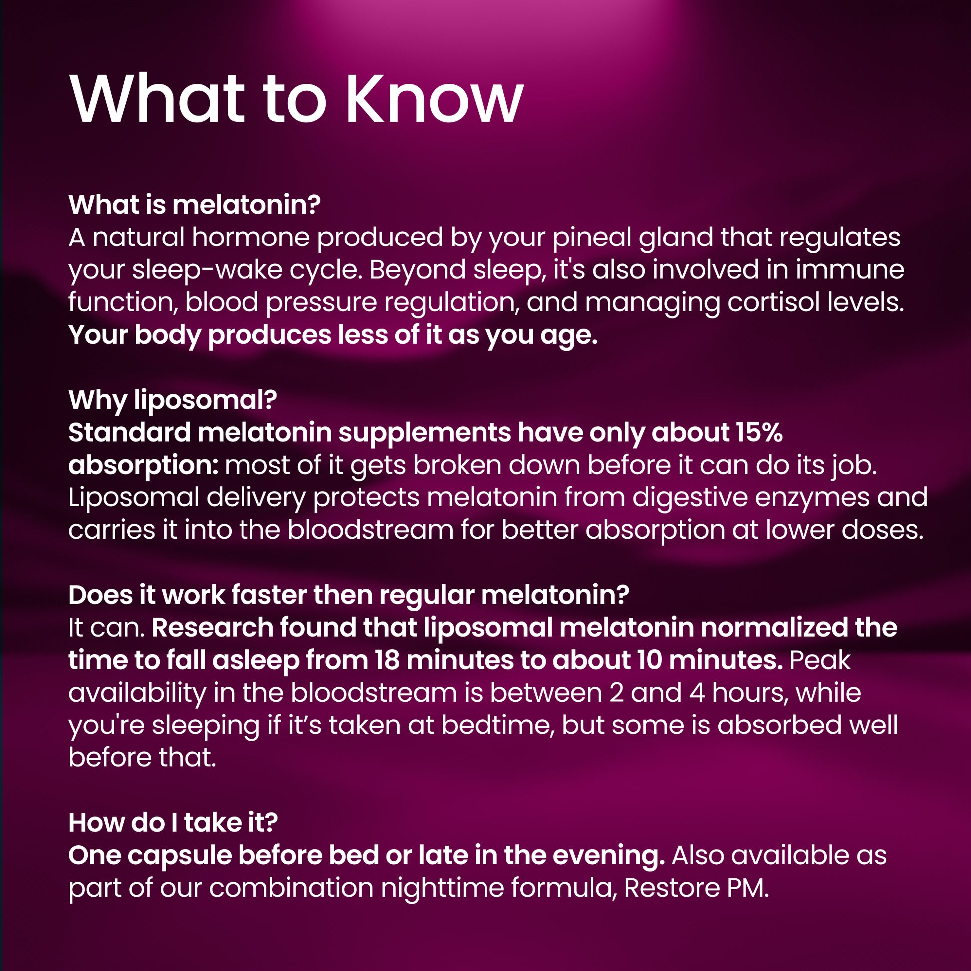 An informational graphic with a purple-to-magenta gradient background and white text titled 'What to Know' about melatonin, including definitions, absorption rates, onset time, and usage instructions.