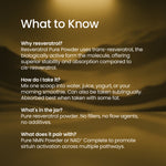 A text-heavy informational graphic on a dark brown and black background with the heading 'What to Know' and several paragraphs of white text about resveratrol, dosage, additives, and pairing options.