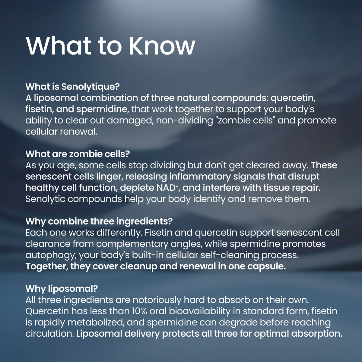 An informational graphic with the heading 'What to Know' on a dark blue textured background, containing white text explaining what is, why, and how senolytique works.