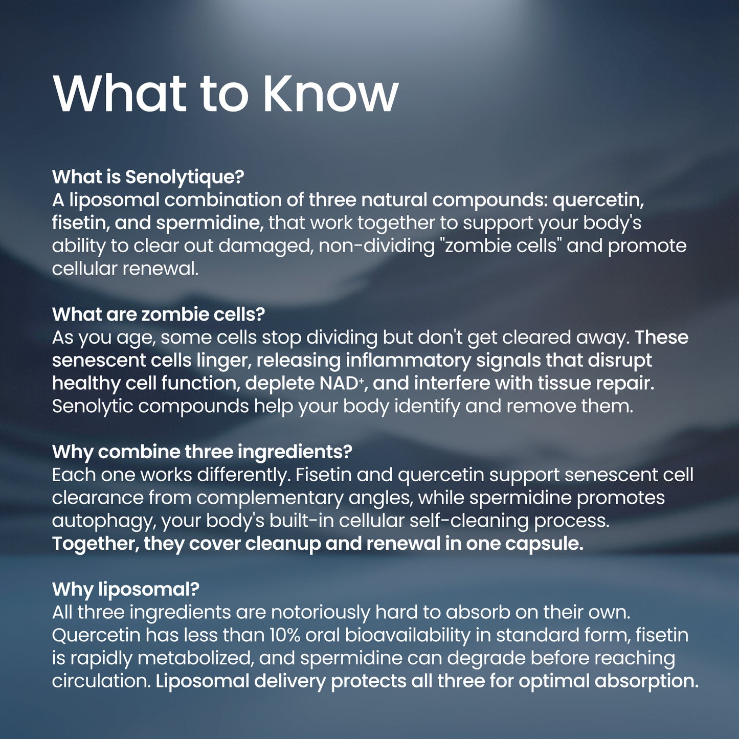 An informational graphic with the heading 'What to Know' on a dark blue textured background, containing white text explaining what is, why, and how senolytique works.