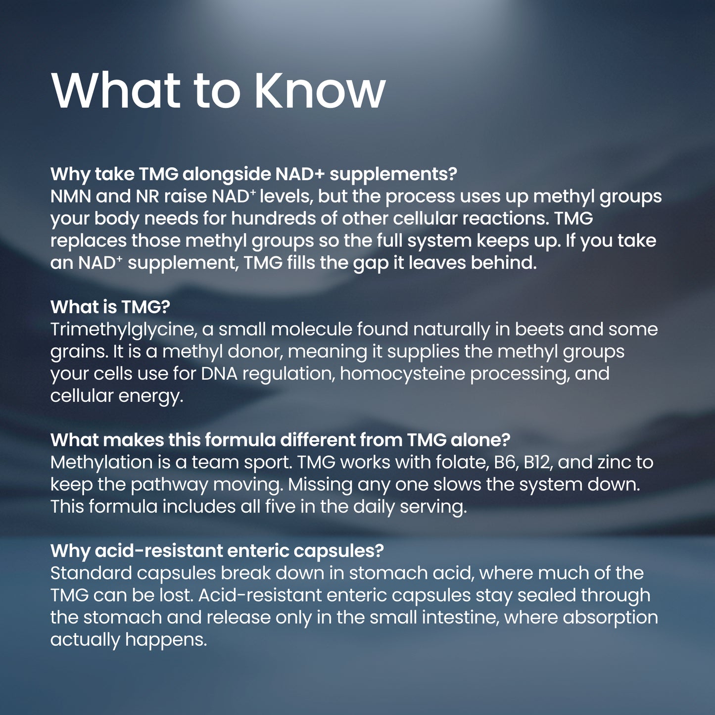 An informational graphic with the heading 'What to Know' and several paragraphs of white text on a dark blue textured background, explaining supplement considerations around TMG and NAD+.
