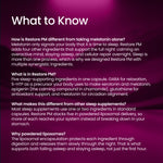 A text-heavy informational panel on a dark magenta background titled 'What to Know' with white text explaining differences between Restore PM and melatonin, ingredients in Restore PM, and benefits of powdered liposomal delivery.