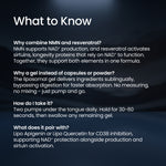 A dark informational graphic with the heading 'What to Know' and several paragraphs of white text explaining how to combine NMN and resveratrol, why a gel is used instead of capsules or powder, how to take it, and what it pairs with.