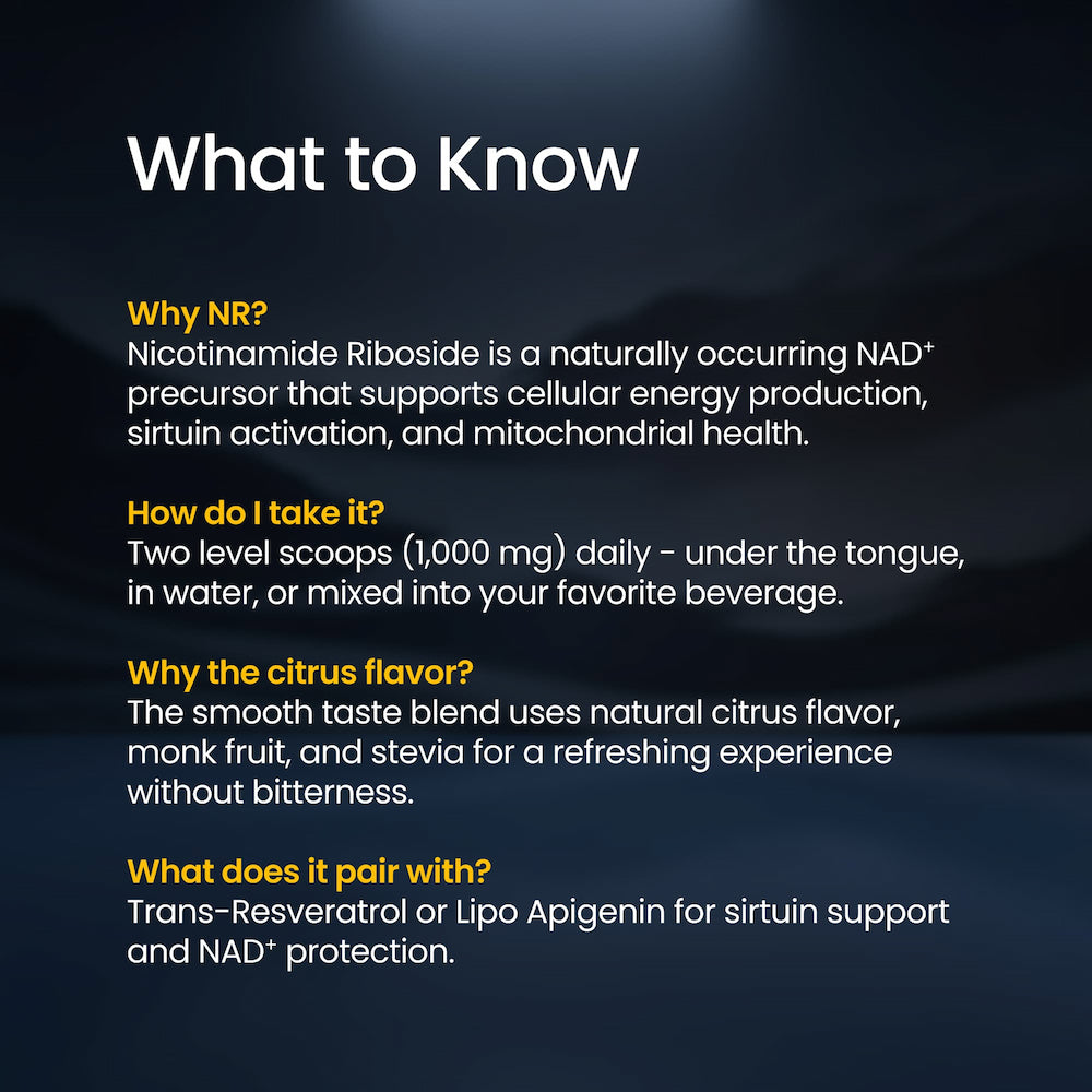Informational text about Nicotinamide Riboside on a dark background