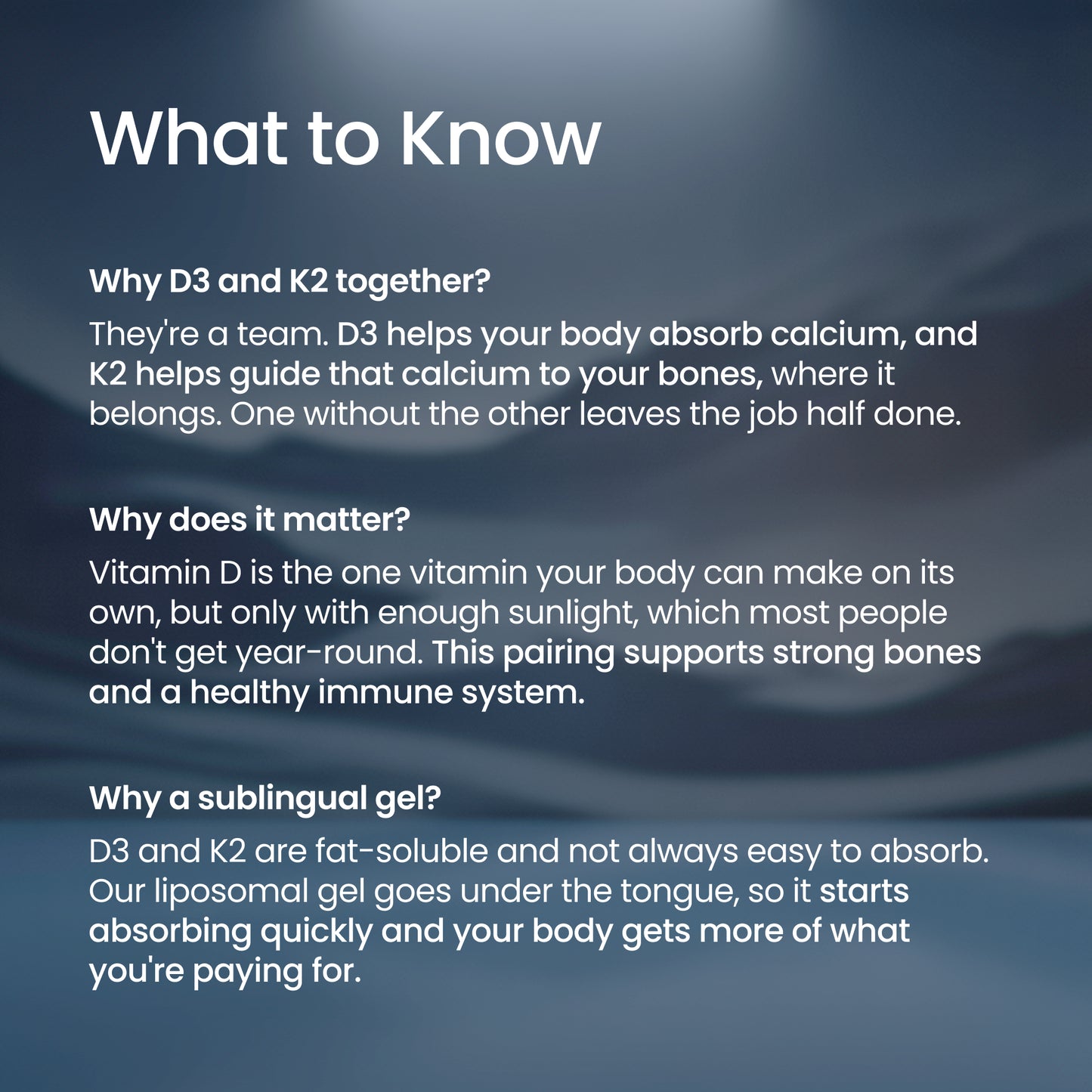 An informational graphic with the heading 'What to Know' over a dark blue textured background, explaining the benefits of D3 and K2 together, the importance of sunlight for vitamin D, and how the liposomal gel is absorbed under the tongue.