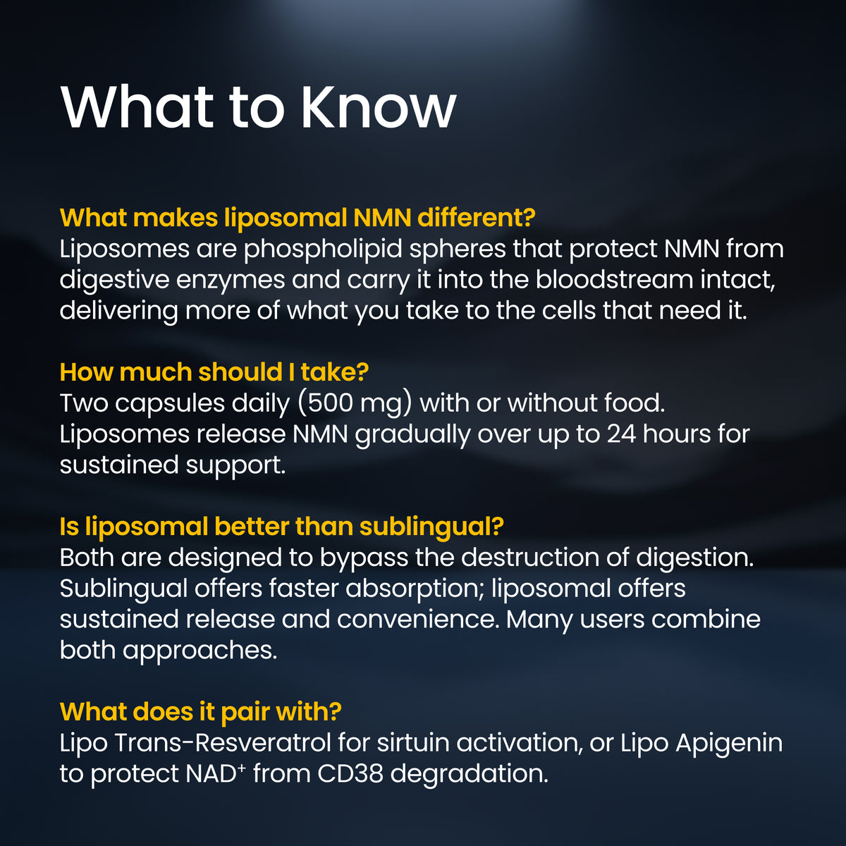 Informational text about liposomal NMN on a dark background