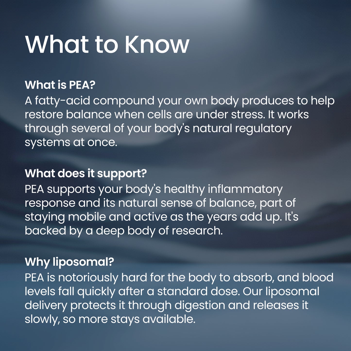 An informational graphic with the heading 'What to Know' over a dark blue textured background, containing three paragraphs of white text about PEA, its support role, and why it is delivered in a liposomal form.