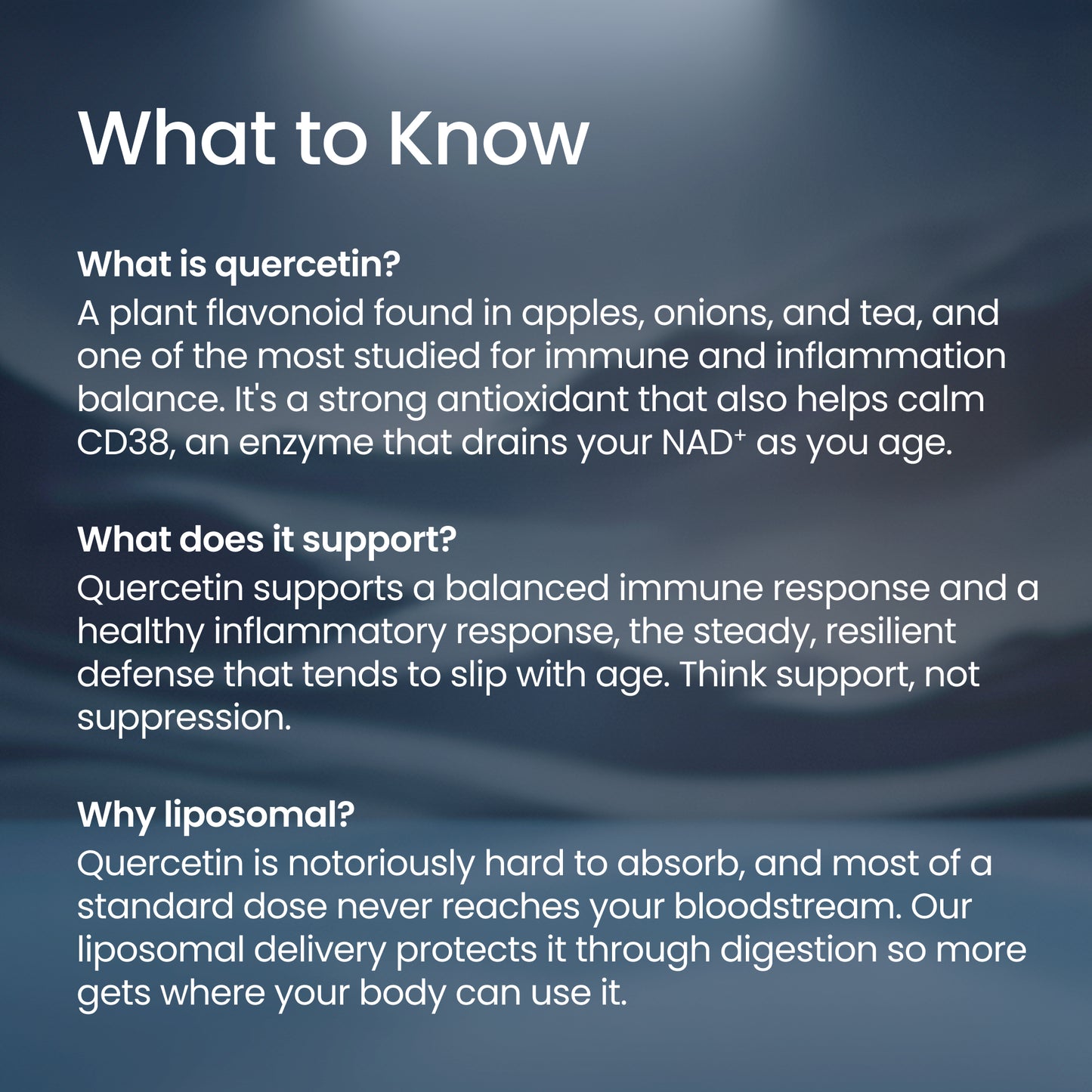 An informational graphic with the heading 'What to Know' and three paragraphs of white text on a dark blue-gray background, explaining what quercetin is, its immune support benefits, and why liposomal delivery is important.