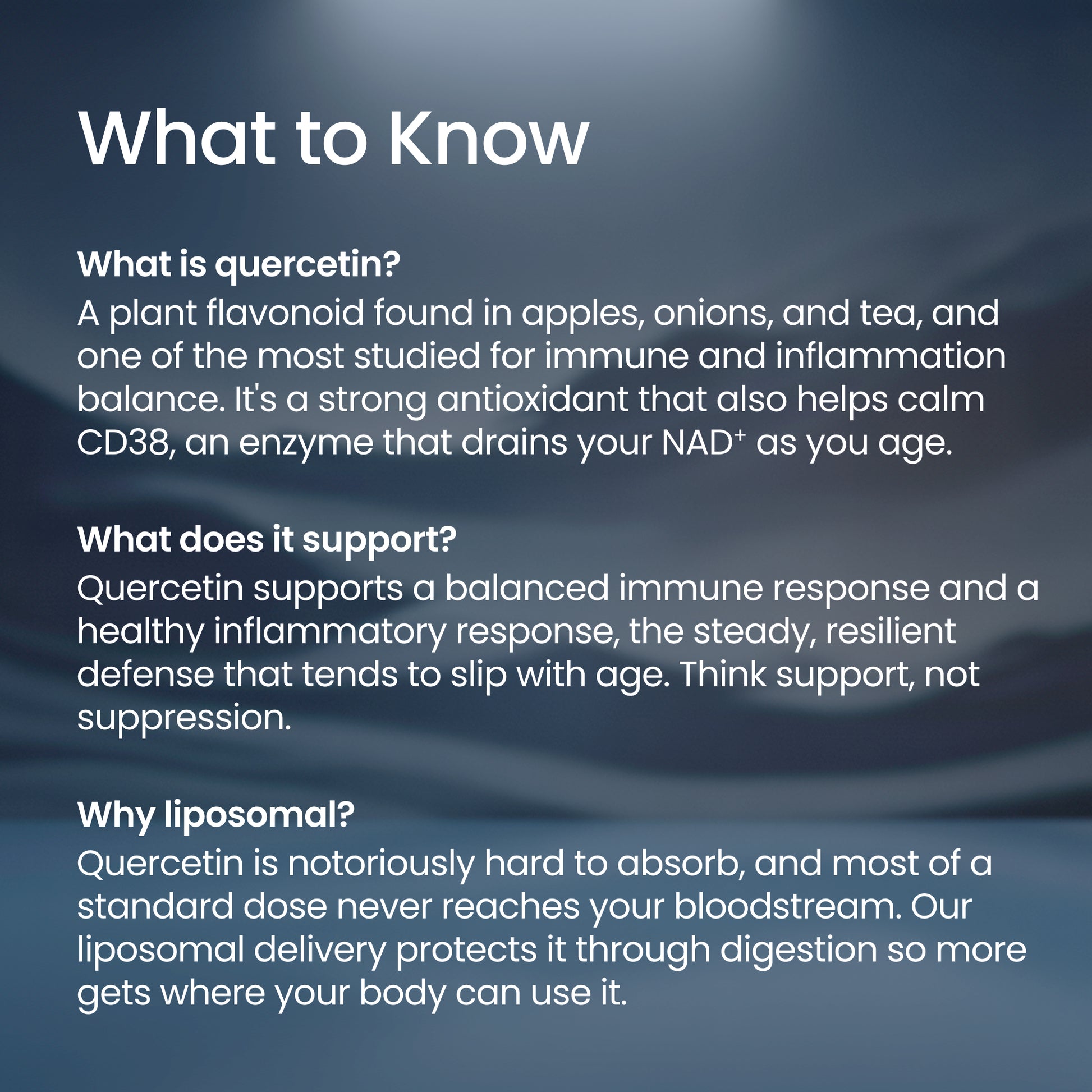 An informational graphic with the heading 'What to Know' and three paragraphs of white text on a dark blue-gray background, explaining what quercetin is, its immune support benefits, and why liposomal delivery is important.
