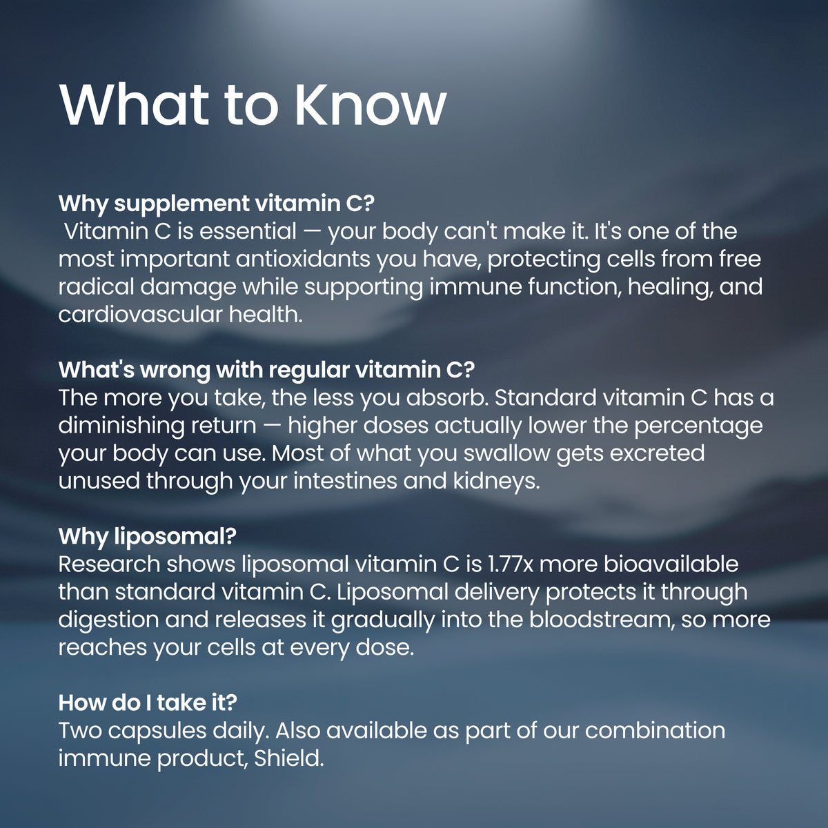 An informational graphic with the heading 'What to Know' and several paragraphs of white text on a dark blue textured background, explaining supplement vitamin C and liposomal vitamin C benefits and dosage.