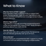 An informational graphic with the heading 'What to Know' in white text over a dark blue background, followed by several paragraphs of white explanatory text about NAD+ support forms and trigonelline.