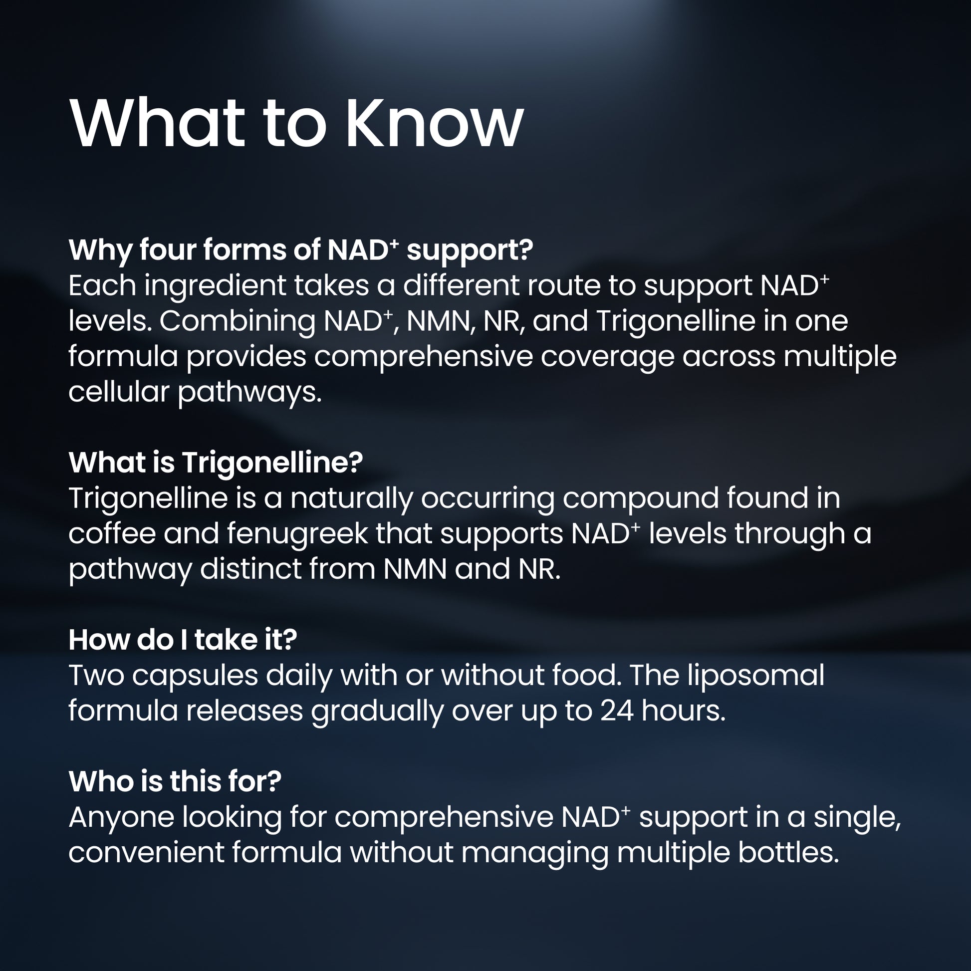 An informational graphic with the heading 'What to Know' in white text over a dark blue background, followed by several paragraphs of white explanatory text about NAD+ support forms and trigonelline.