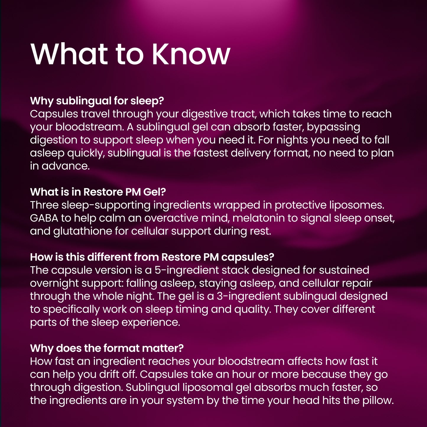 An informational graphic with a dark purple-to-magenta gradient background and white text titled 'What to Know.' It explains sleep-related benefits of sublingual capsules and Restore PM gel, including faster absorption, sleep support, and differences between the capsule and gel formulations.
