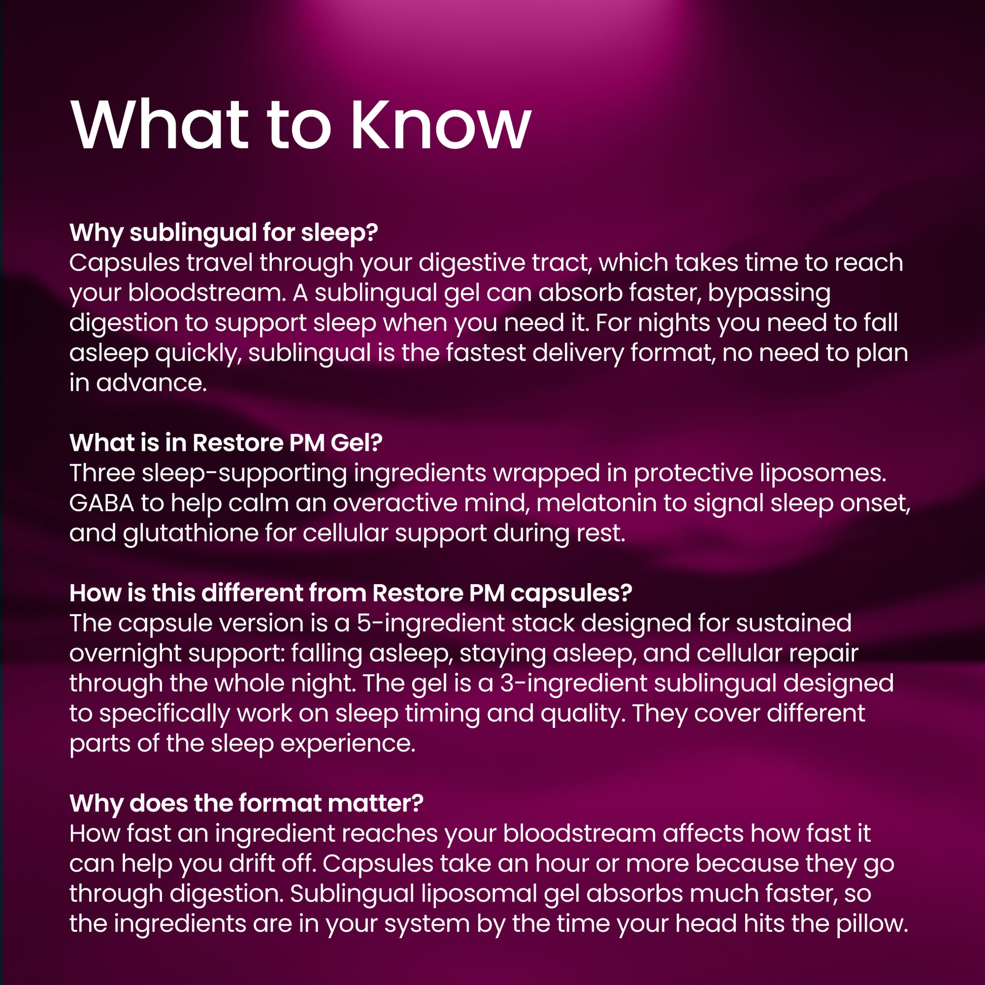An informational graphic with a dark purple-to-magenta gradient background and white text titled 'What to Know.' It explains sleep-related benefits of sublingual capsules and Restore PM gel, including faster absorption, sleep support, and differences between the capsule and gel formulations.