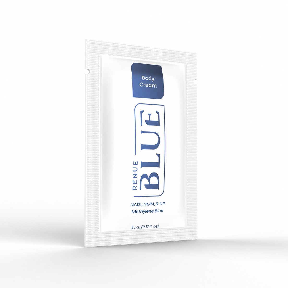 A single white body cream sachet with blue text and a blue label reading 'Body Cream' on a clean white background.