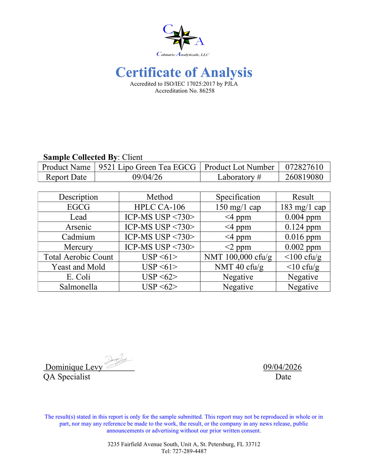 A scanned 'Certificate of Analysis' from C-Prime Accelerated Testing, dated 09/04/2026, detailing the analysis results for a sample of 9521 Lipo Green Tea EGGC. The document features a blue and white logo at the top, a table with various chemical test results, and a signature block at the bottom.