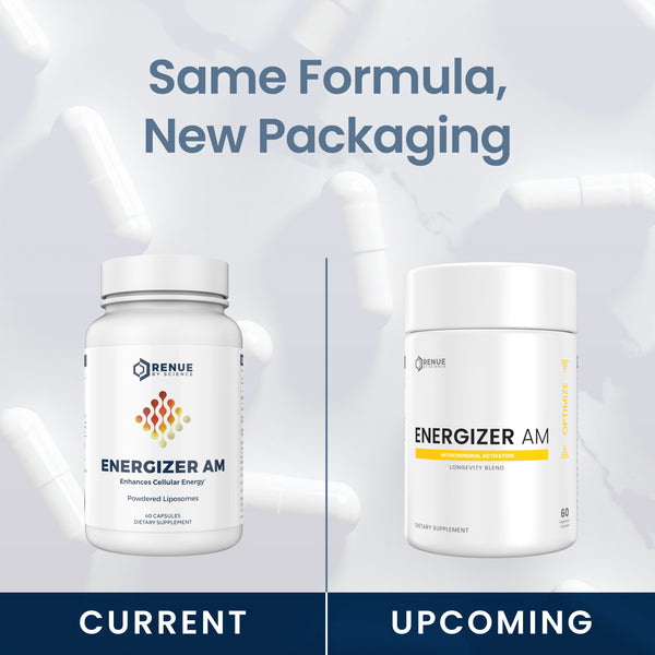Promotional graphic showing two white supplement bottles labeled RENUE Energizer AM, with the headline 'Same Formula, New Packaging' above and 'CURRENT' and 'UPCOMING' labels below, indicating a packaging update.