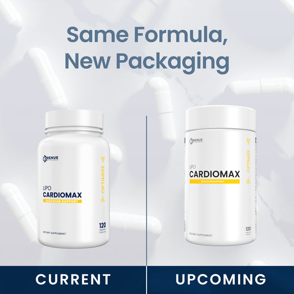 Promotional graphic showing two white supplement bottles labeled UPO CardioMax, with the headline 'Same Formula, New Packaging' above and 'CURRENT' and 'UPCOMING' labels below, indicating a new design coming soon.