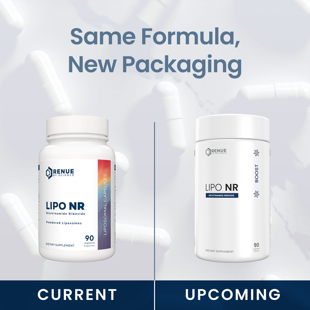 Promotional comparison graphic for Renue Labs Lipo NR dietary supplement, showing the old white bottle labeled 'Current' on the left and a new white cylindrical tub labeled 'Upcoming' on the right, with the headline 'Same Formula, New Packaging' above and 'Current' and 'Upcoming' labels below.