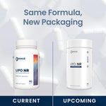 Promotional comparison graphic for Renue Labs Lipo NR dietary supplement, showing the old white bottle labeled 'Current' on the left and a new white cylindrical tub labeled 'Upcoming' on the right, with the headline 'Same Formula, New Packaging' above and 'Current' and 'Upcoming' labels below.