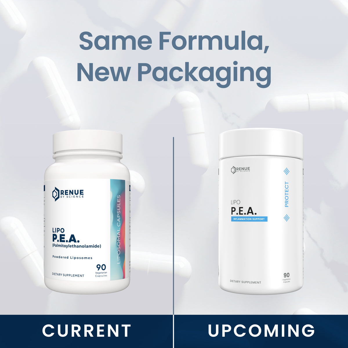 Promotional comparison graphic showing two white supplement bottles labeled RENUE Lipo P.E.