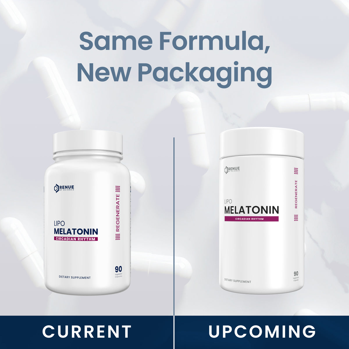 Promotional comparison graphic showing two white supplement bottles side by side with the headline 'Same Formula, New Packaging.' The left bottle is labeled 'CURRENT' and reads 'LPO MELATONIN' with a blue-to-red gradient label.