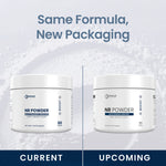 Promotional comparison graphic showing two white supplement jars labeled Renue NR Powder, with large text reading 'Same Formula, New Packaging' and labels 'CURRENT' and 'UPCOMING' at the bottom.