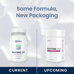 Promotional graphic showing two white supplement bottles side by side with the headline 'Same Formula, New Packaging.' The left bottle is labeled 'Current' and reads 'Restore PM' by Renue Labs.