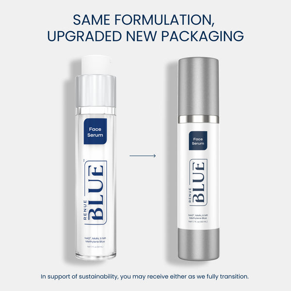 Two bottles of Blue Face Serum with text about same formulation and upgraded packaging.