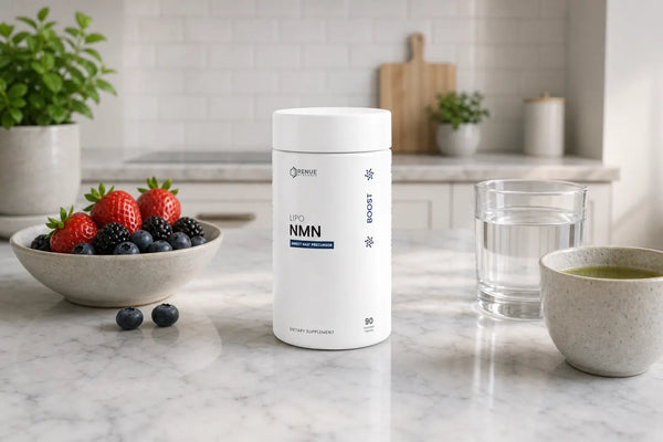 A white cylindrical bottle of Greenis NMN dietary supplement stands on a marble countertop in a bright kitchen setting, surrounded by a bowl of berries, a glass of water, and a cup of green tea.