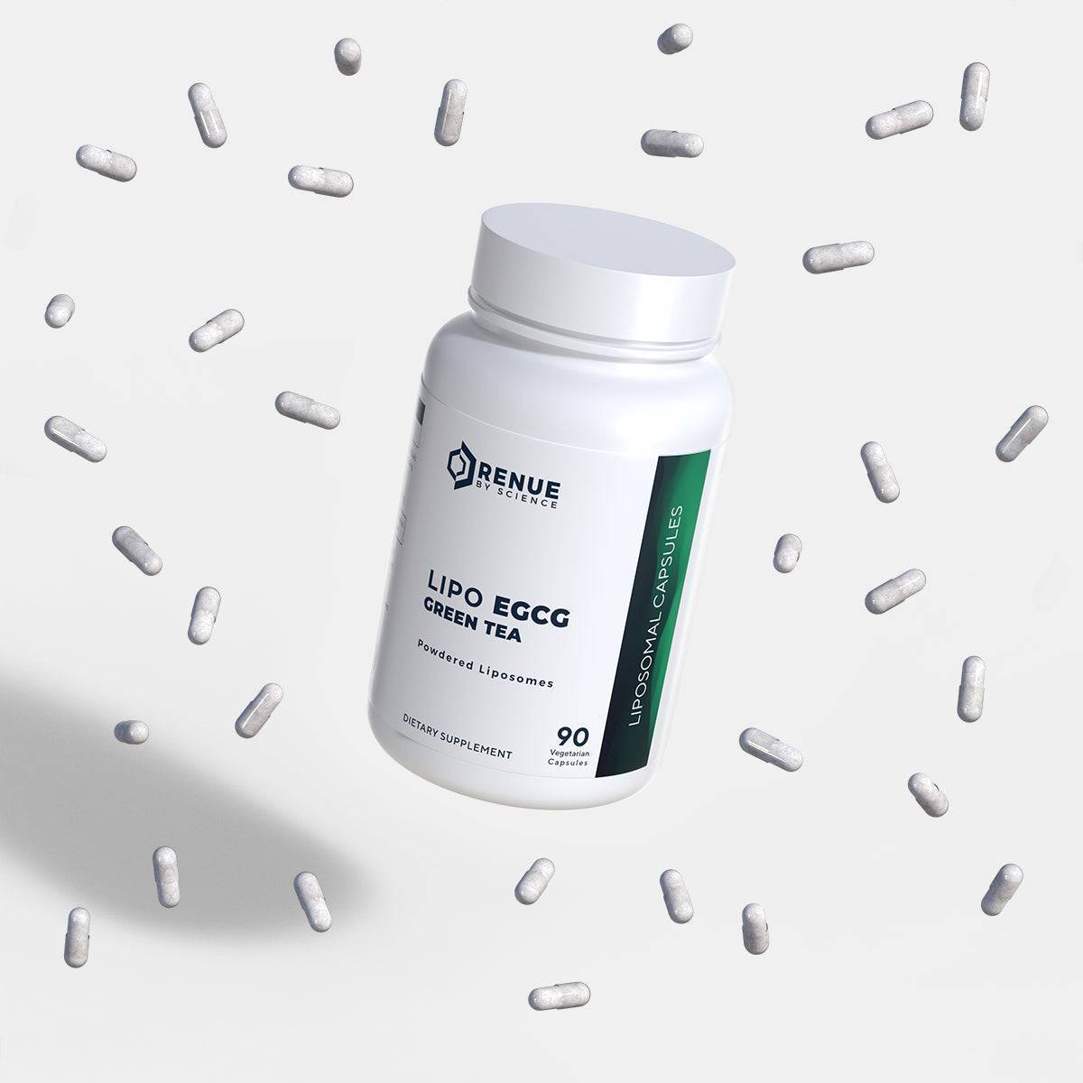 LIPO EGCG Green Tea capsules floating around the product bottle, highlighting liposomal delivery system for enhanced nutrient absorption.