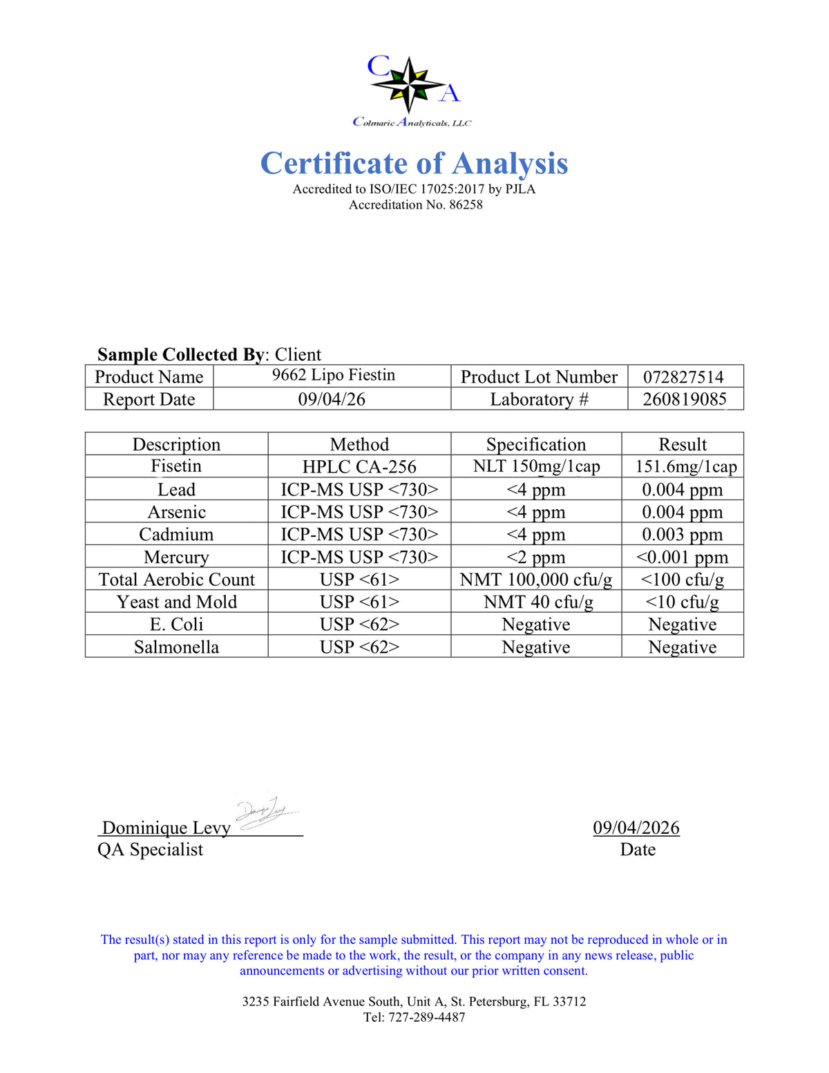 A scanned 'Certificate of Analysis' from Clariant Corporation, detailing the analysis results for a sample collected by client. The document features a blue and white logo at the top, a table listing chemical components such as Fisetin, Lead, Arsenic, Cadmium, and Mercury with their respective results, and signatures at the bottom.