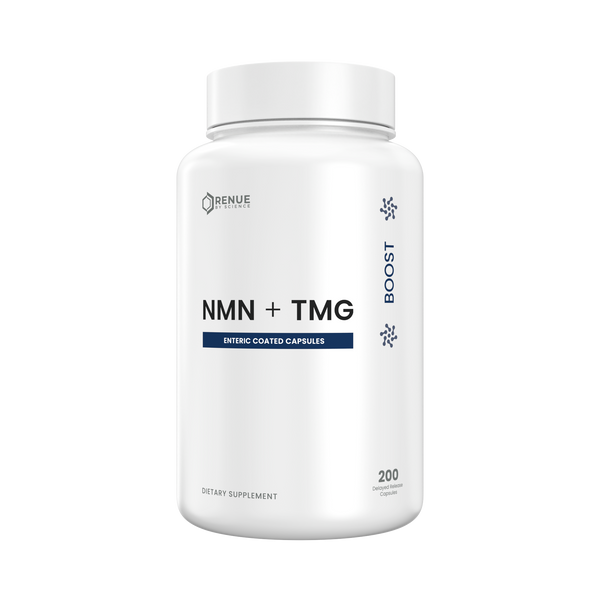 A white plastic bottle of Renue Labs NMN + TMG dietary supplement capsules, featuring a clean white label with blue and black text on a solid white background.