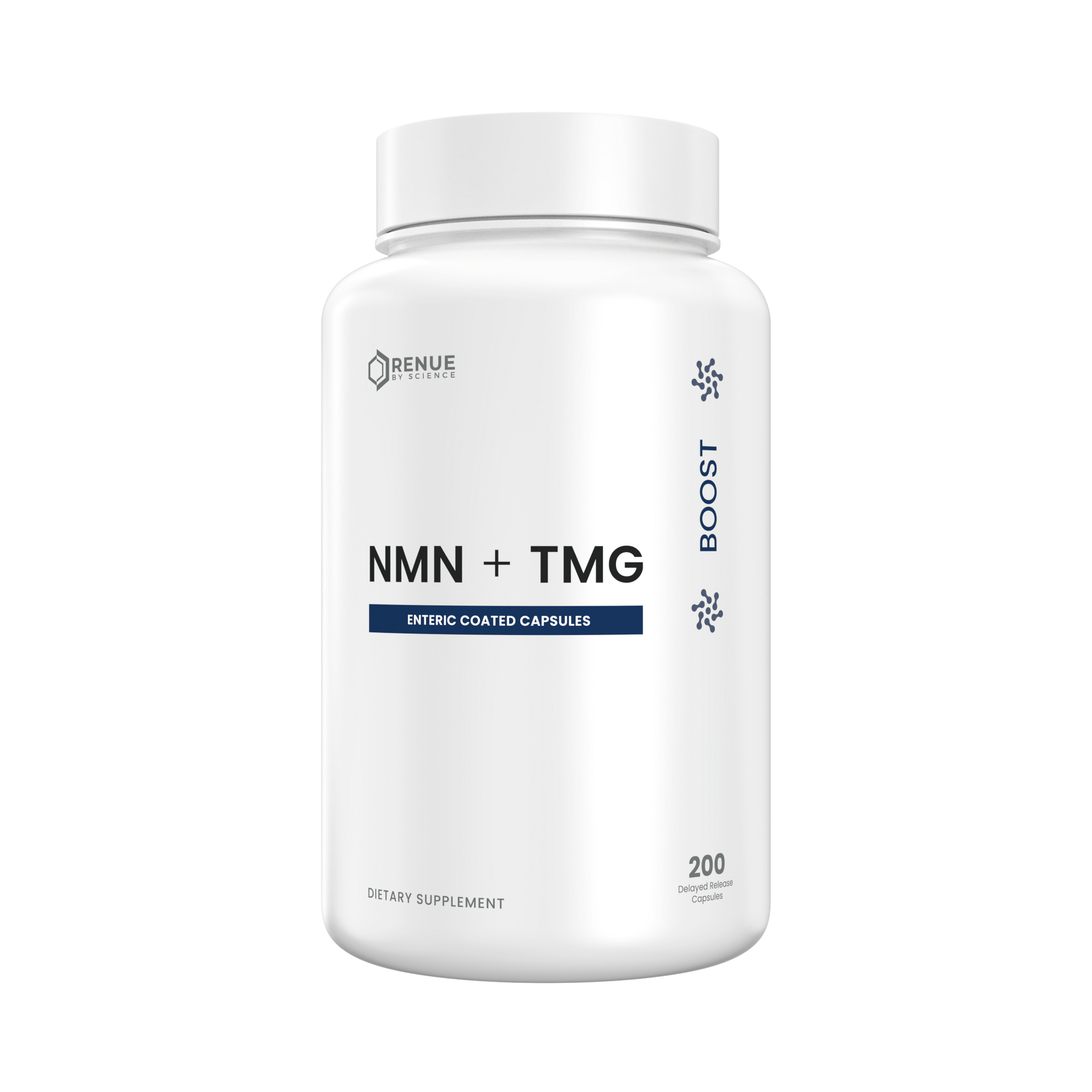 A white plastic bottle of Renue Labs NMN + TMG dietary supplement capsules, featuring a clean white label with blue and black text on a solid white background.