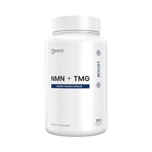 A white plastic bottle of Renue Labs NMN + TMG dietary supplement capsules, featuring a clean white label with blue and black text on a solid white background.