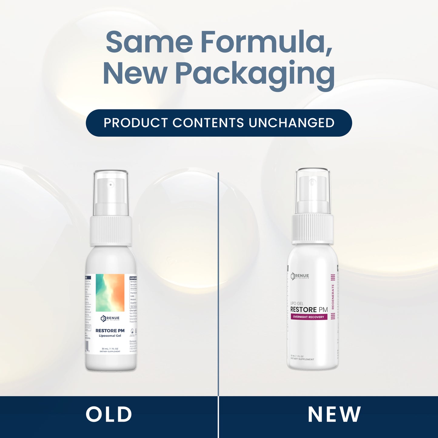 Promotional comparison graphic showing the same spray bottle in two package styles labeled OLD and NEW, with the headline 'Same Formula, New Packaging' and 'Product Contents Unchanged' on a light background with soft circular highlights.