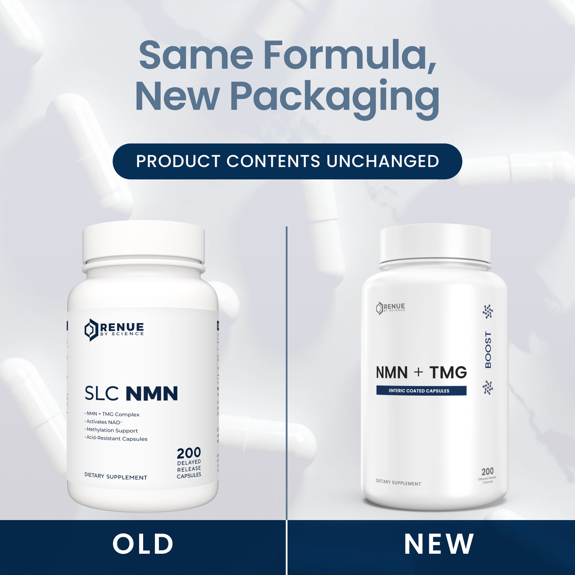 Promotional comparison graphic showing two white supplement bottles labeled 'OLD' and 'NEW' with the headline 'Same Formula, New Packaging' and 'Product Contents Unchanged.' The left bottle reads 'Renue Nutrition SLC NMN' and the right bottle reads 'Renue Nutrition NMN + TMG.