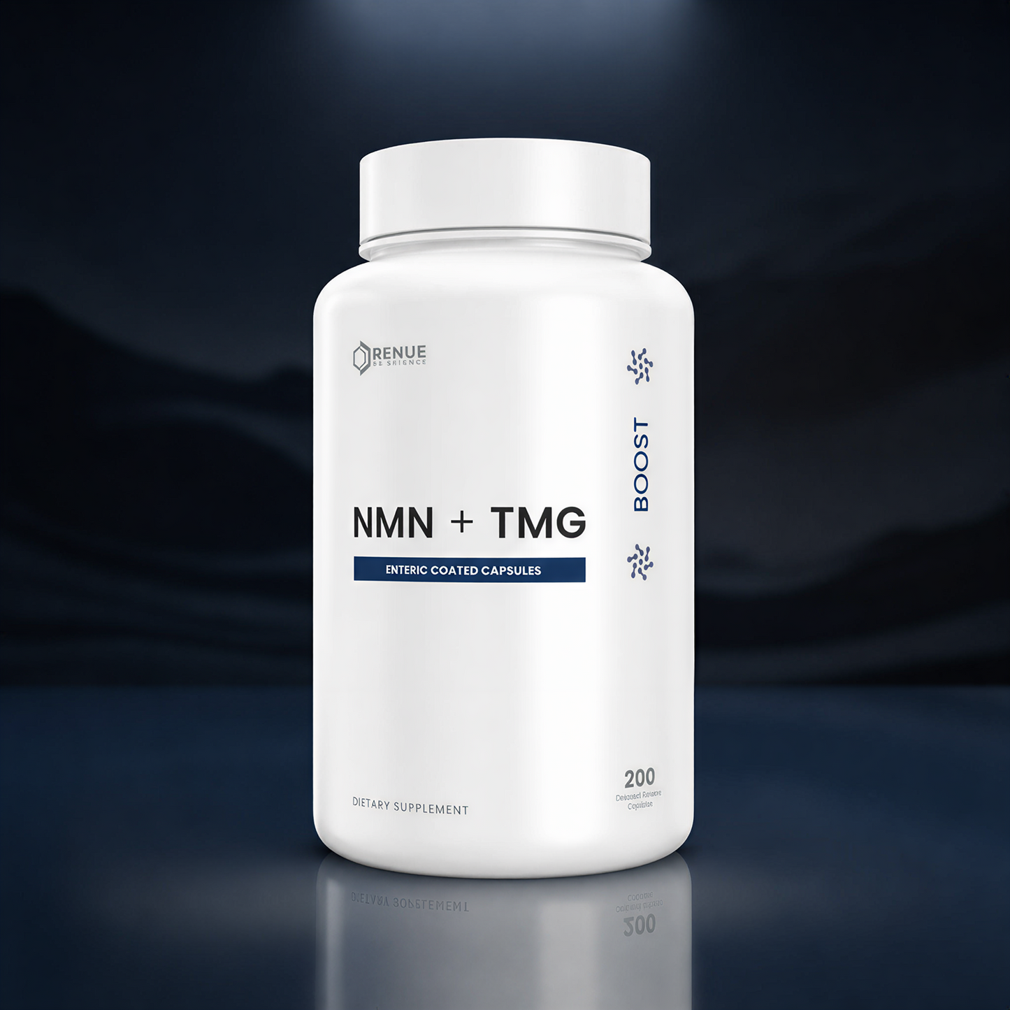 A white bottle of Renue Labs NMN + TMG dietary supplement capsules, set against a dark, moody blue background with a subtle reflection on the surface below.