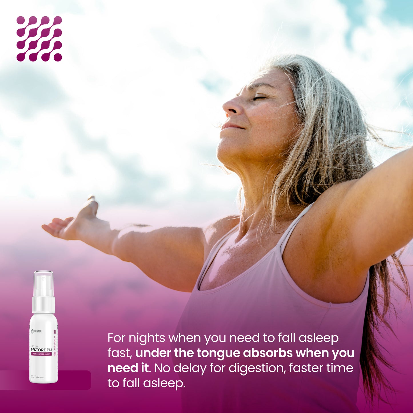 A woman with arms outstretched in a sunny outdoor setting, wearing a lavender tank top, with a small white spray bottle shown in the lower left. Text on the image reads, 'For nights when you need to fall asleep fast, under the tongue absorbs when you need it.