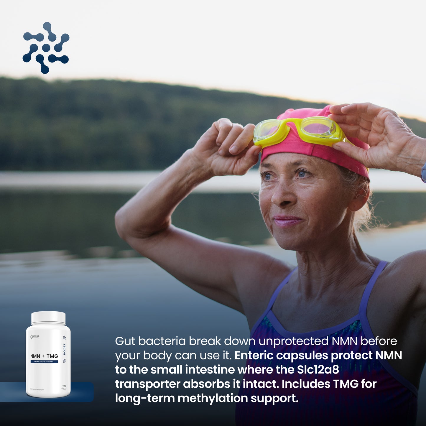A woman outdoors by the water adjusts a pink swim cap and yellow goggles, with a small supplement bottle and explanatory text overlaid in the lower left and lower right. The product appears to be NMN with TMG.