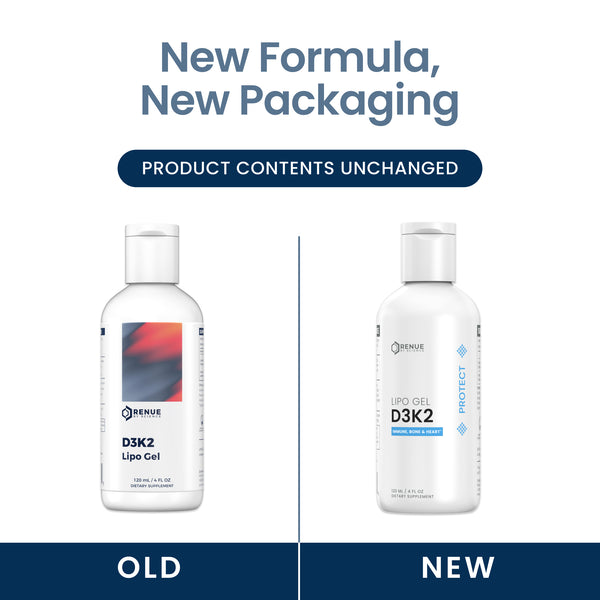 Promotional graphic showing two white bottles of D3K2 Lipe Gel side by side with text reading 'New Formula, New Packaging' and 'Product Contents Unchanged,' labeled 'OLD' on the left bottle and 'NEW' on the right bottle.