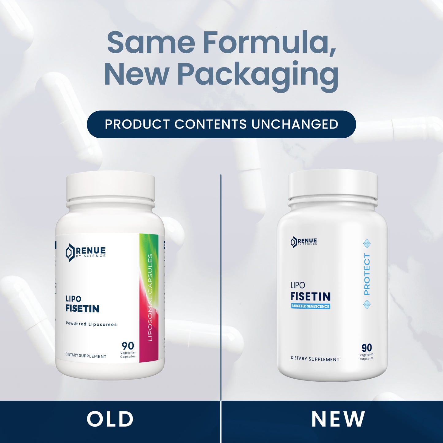 Two supplement bottles labeled 'Old' and 'New' with a text overlay about unchanged product contents.