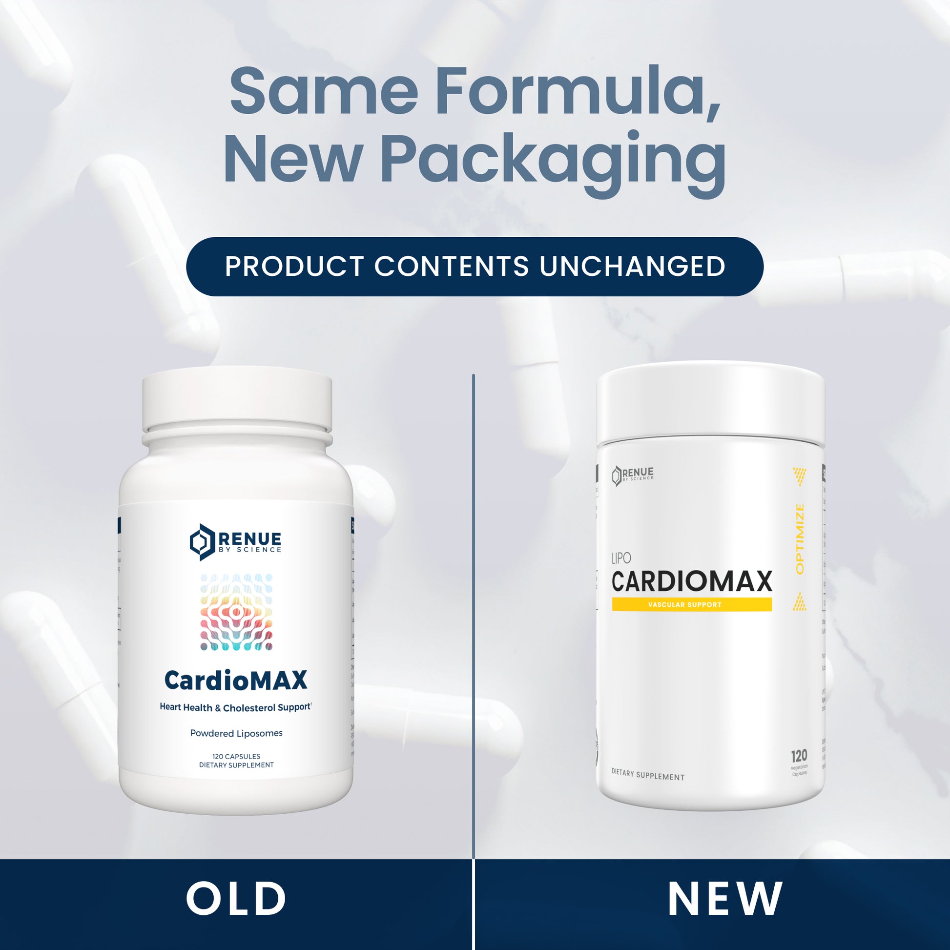 Promotional graphic showing two supplement bottles labeled CardioMAX, with the left bottle labeled 'OLD' and the right bottle labeled 'NEW'. Large text at the top reads 'Same Formula, New Packaging' and 'Product Contents Unchanged'.