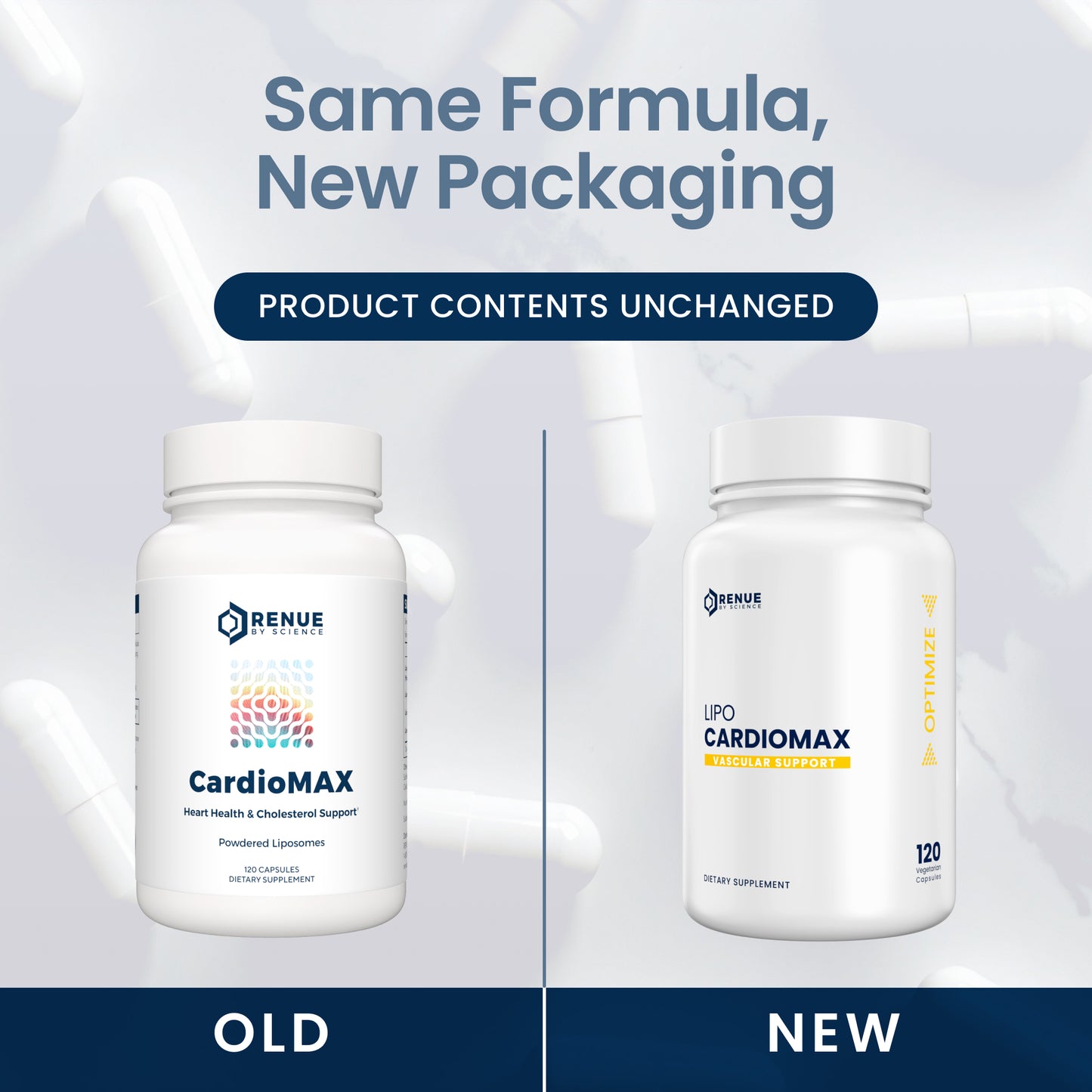 Two containers of CardioMAX by Renue, one labeled 'Old' and the other 'New', on a light gray background.