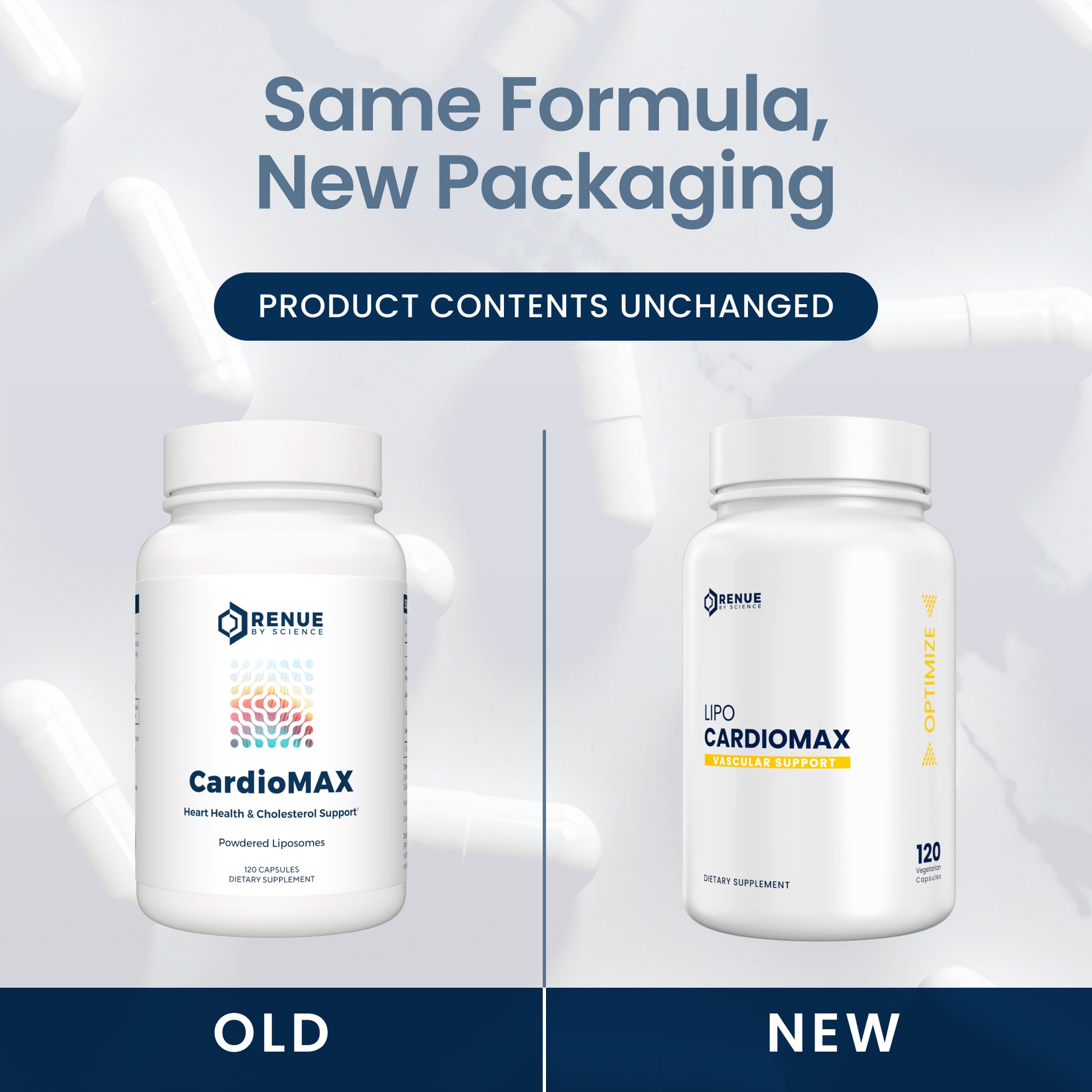 Two containers of CardioMAX by Renue, one labeled 'Old' and the other 'New', on a light gray background.