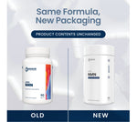 Two supplement bottles labeled 'Old' and 'New' with text indicating same formula, new packaging.