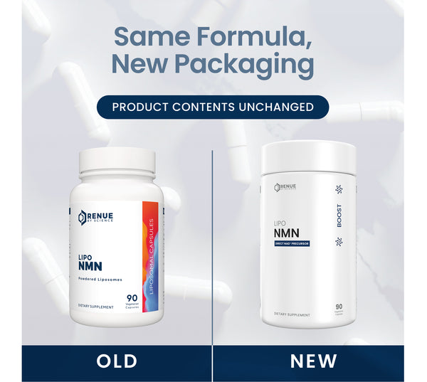 Two supplement bottles labeled 'Old' and 'New' with text indicating same formula, new packaging.