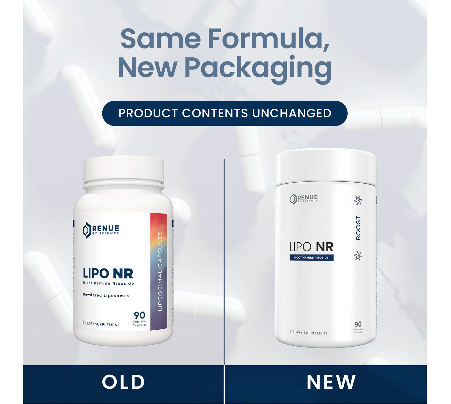 Promotional graphic showing two supplement bottles labeled LIPO NR, with the headline 'Same Formula, New Packaging' and 'Product Contents Unchanged.' The left bottle is labeled 'OLD' and the right bottle 'NEW'; both are white with blue and orange label accents on a pale gray background with blurred capsules.